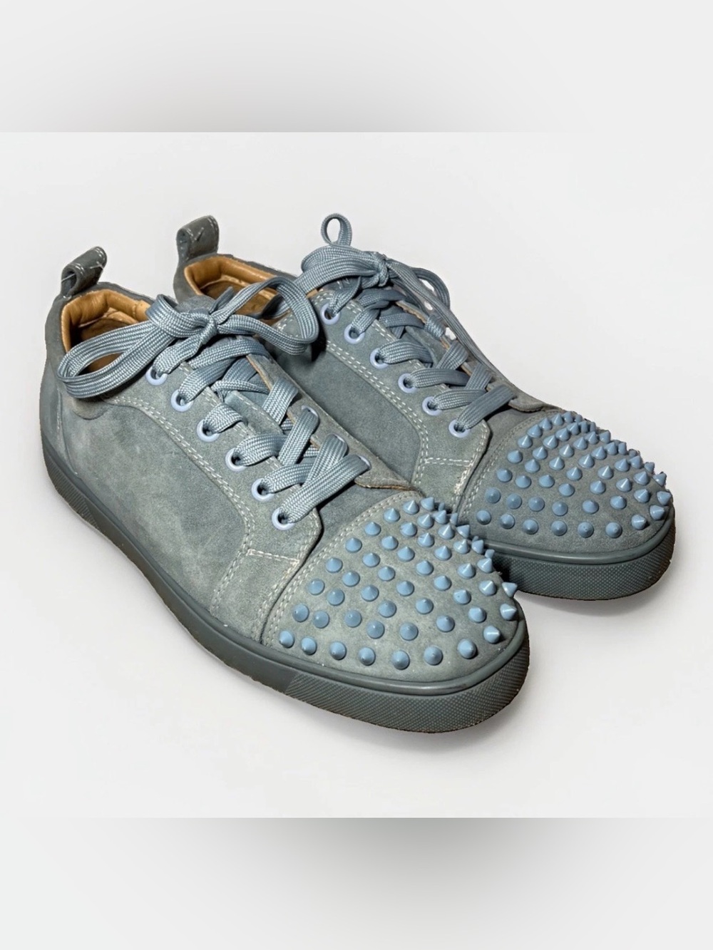 Christian Louboutin Louis Junior Spikes Suede Flat Sneakers Gray & Blue EU 43